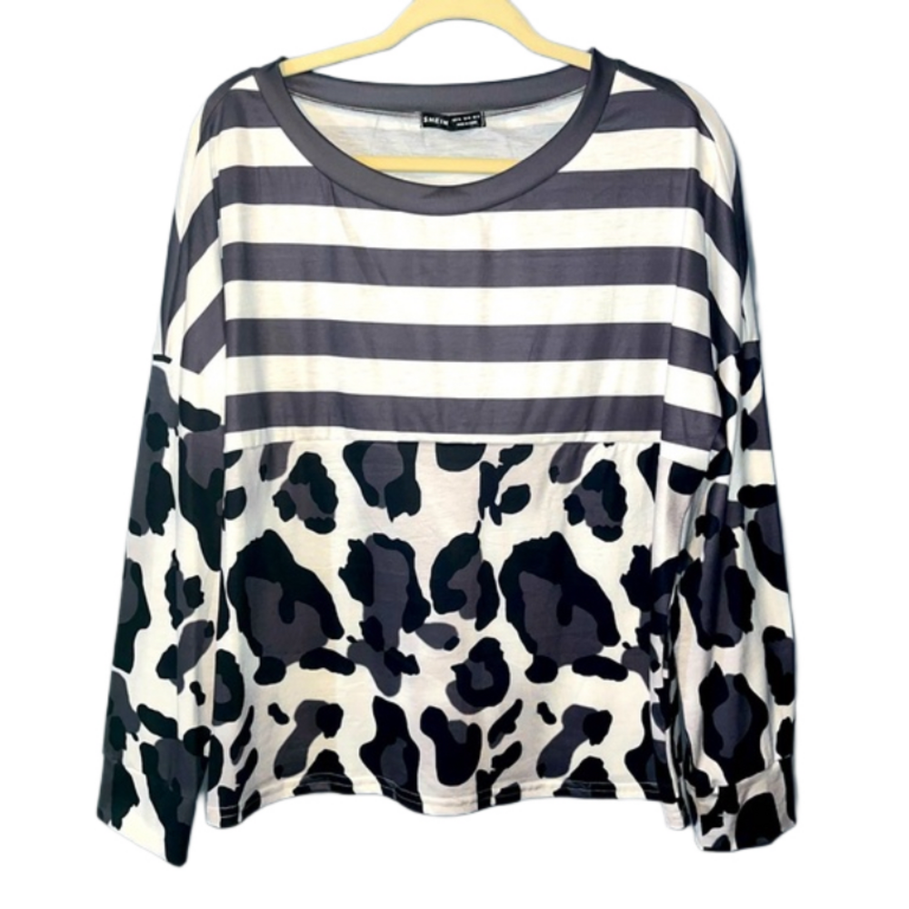 Women’s  blouse top striped leopard print 2 toned cotton polyester XL Comfy